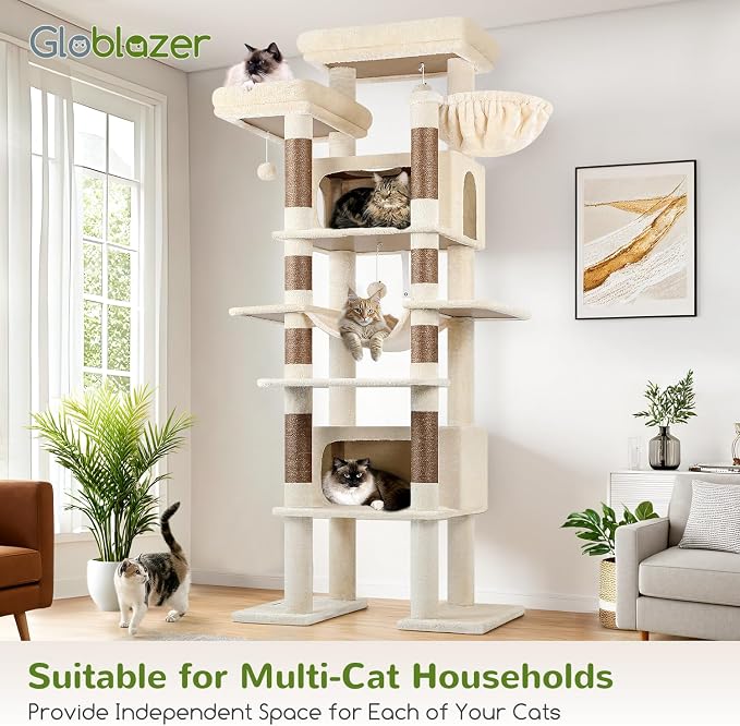 Globlazer Giant Tall Heavy Duty Cat Tower for Indoor Large Cats, F83B | XXL Multi-Level Large Cat Condo with 8 Scratching Posts, Hammock, 2 Cat Caves, 2 Platform, Beige