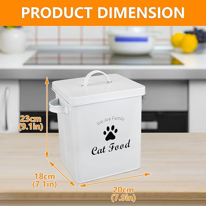 Geyecete Pet Treat and Food Storage Tin with Lid - 5lbs Capacity - Serving Scoop Included … -CAT