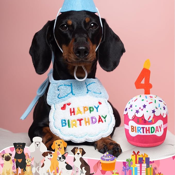 Dansydaisy Dog Birthday Cake Toy Squeaky Plush Toy for Girl Boy Gifts, Chew Accessories for Dog Birthday Party Decor Favor for Large, Medium and Small Dogs(4th,Pink)