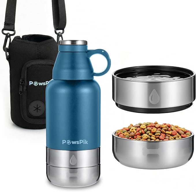 PawsPik 32oz 3-in-1 Travel Dog Water Bottle & Bowl Set – Stainless Steel Vacuum-Insulated Bottle with Detachable Food & Water Bowls, Leak-Proof, Keeps Water Cold 12hrs/Hot 6hrs (Midnight Summit Blue)