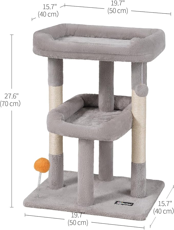 Small Cat Tree, Multi-Level Cat Tree for Indoor Cats, Cat Tower with Scratching Post, Cat Condo for Kittens,Toy Balls, 2 Soft Platform, Light Gray