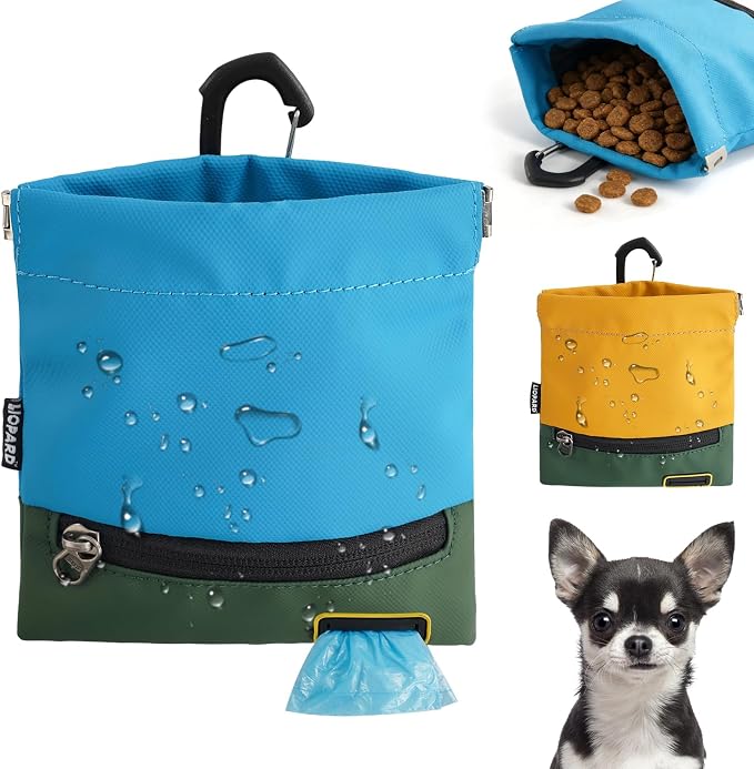 LIOPARD Portable Dog Treat Pouch, Hands-Free Pet Training Snack Bag with Carabiner, Auto-Closing Nylon Fabric Dog Walking Bag for Outdoor Use & Puppy Travel (Blue)