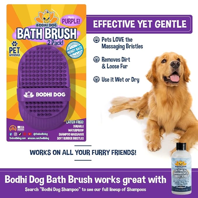 Bodhi Dog Shampoo Brush - Pet Grooming & Bath Supplies for Dogs and Cats - Bath Brush for Long & Short Hair - Premium Scrubber for Shower, Showerhead, Sprayer & Bathing (Two Pack, Purple)