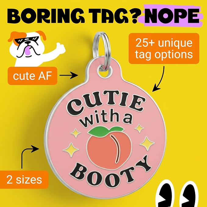 Bad Tags Personalized Dog and Cat ID Tags in 25+ Designs and 2 Sizes - 5 Lines of Custom Engraved Text - Funny Cute Personalized Pet Tags (Cutie with A Booty - Pink, Large (1.25 inch))