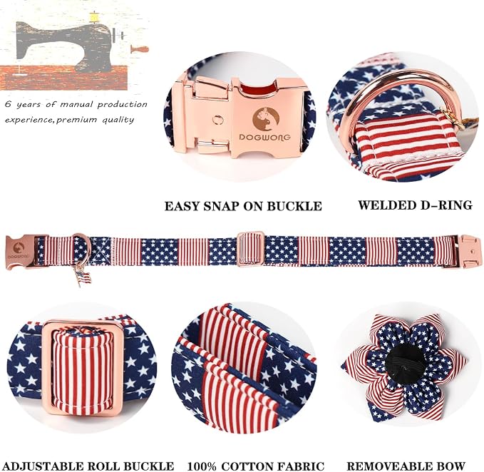 DOGWONG American Flag Dog Collar, 4 of July Dog Flower Heavy Duty Adjustable Patriotic Dog Collars with Bowtie for Small Dogs