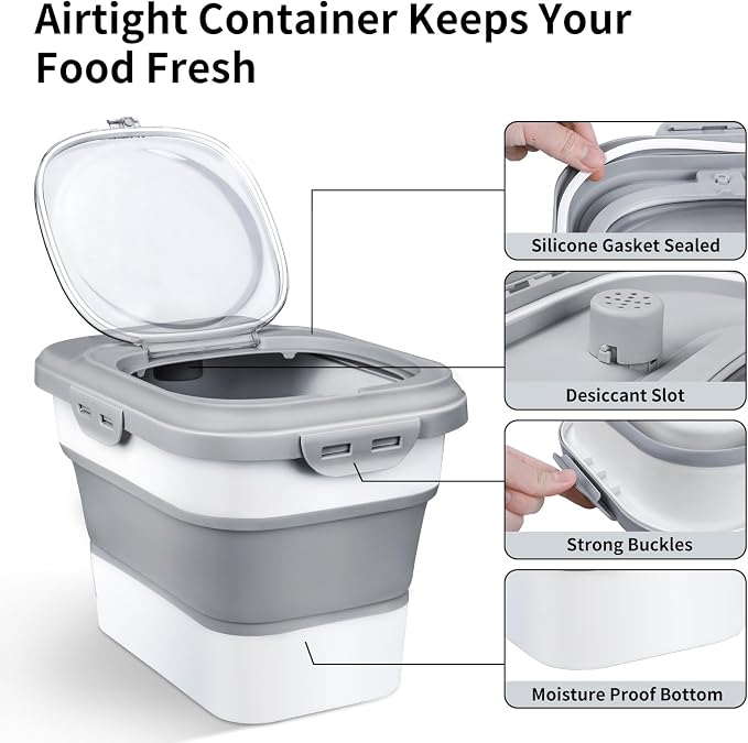 Rice Storage Container, Collapsible Airtight Food Storage Containers 6-20 Lbs, Rice Dispenser with Measuring Cup and Small Bin for Flour Cereal Pasta Grain, Cat Pet Dog Bird Food Container