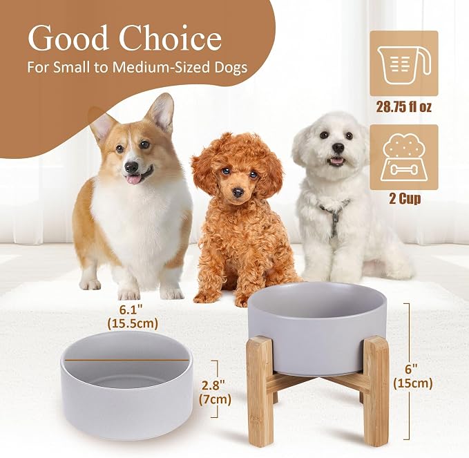 Ceramic Elevated Dog Bowl with Bamboo Stand, for Small & Medium Dog, Grey