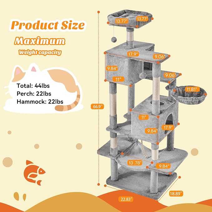 Large 66 Inch Cat Tree Tower with Sisal Scratching Post | Multi-Level Cat Climbing Tower with Hammock, Pet Condo for Indoor Cats and Kittens, Light Grey
