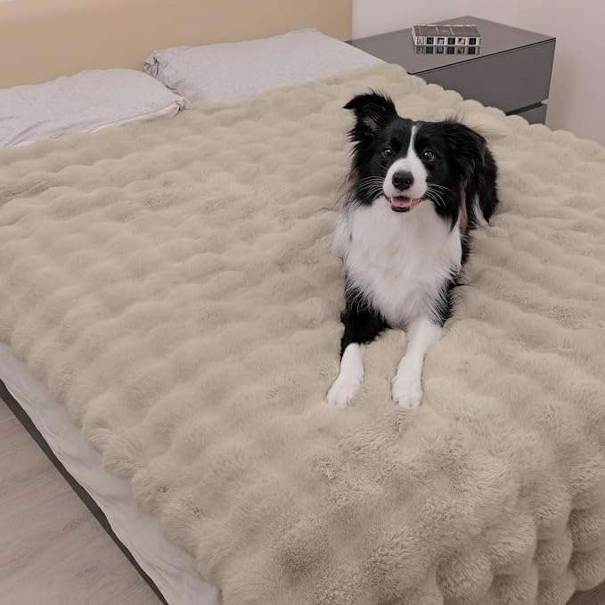 Paw Inspired Waterproof Dog Blanket, Soft Faux Fur Throw with Fur-Resistant Fleece, Washable Pet Blanket, Waterproof Protection for Couch, Bed, Furniture, Crate, Car (80x60, Tan)