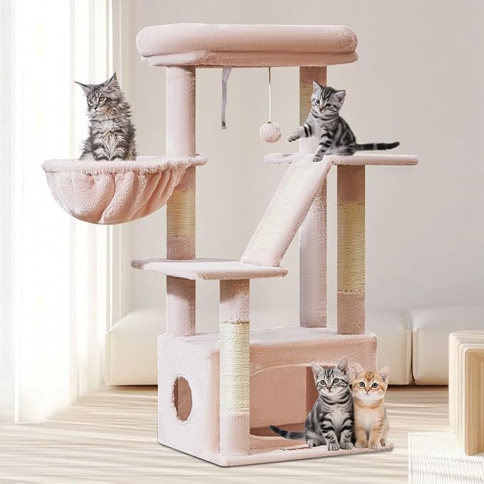 Taoqimiao Cat Tree, 38.5In Cat Tower for Indoor Cats, Suitable for Kittens | Thick Padded Top Perch, Luxurious Cat Condo, Adjustable Basket, 1-Piece Ramp Scratcher, 3 Natural Sisal Posts, Pink, MS029SP