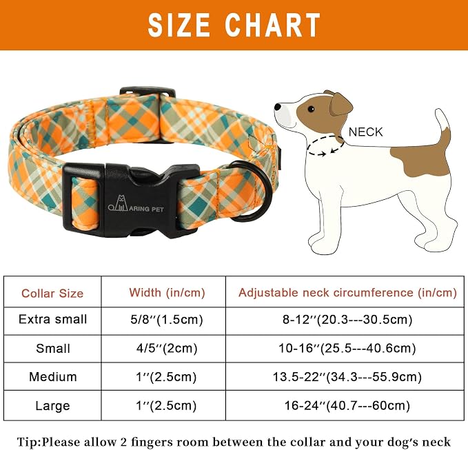 ARING PET Fall Dog Collar, Cute Orange Green Plaid Halloween Autumn Pet Collars with Quick Release Buckle for Puppy Small Medium Large Girl Boy Dogs Cotton-L