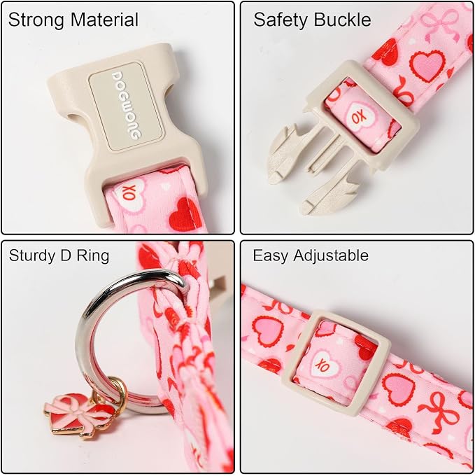DOGWONG Valentine's Day Dog Collar-Cute Pink Bow Heart Pattern Dog Collars, Adjustable Valentine Heart Pet Collars Puppy Collar with Quick Release Buckle for Girl&Boy Dogs,L