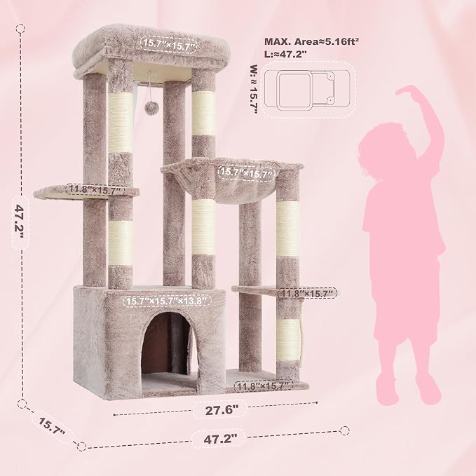 Heybly Heavy Duty Cat Tree with Large Base for Large Indoor Cats HCT026MU | Cat Tower with Scratching Posts, Tall Cat Condo House , Multi-Level Plush Furniture with Hammock & Toy Balls, Rosy Brown