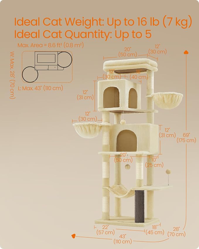 Feandrea Cat Tree, 69-Inch Tall Cat Tower, Multi-Level Plush Condo with 2 Caves, 2 Baskets, 5 Scratching Posts, Self-Groomer, Perch, Hammock, Sand Beige UPCT182Y01