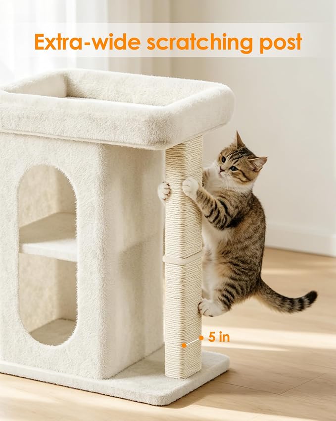 Cat Tree for Large Cat, Small Cat Tower with Large Perch Bed, Scratching Posts, Dual Condos for Indoor Cats Kittens, Beige
