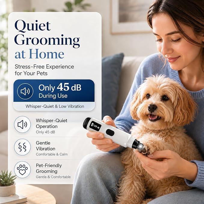 Silent Pro Nail Grinder for Dog Quiet Trimmers File 5 Speed Pet Clippers to Cats Grooming Tool Toenail Cutter Electric Whisper Puppy Guard Light Supplies Helper with 2 Sanding Pads Accessories