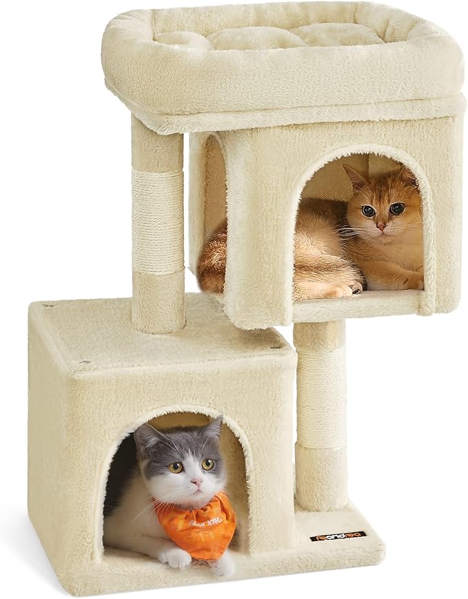 Feandrea Cat Tree, 26.4-Inch Cat Tower, Plush Condo for Kittens up to 7 lb, Large Perch, 2 Caves, Scratching Post, Beige UPCT611M01