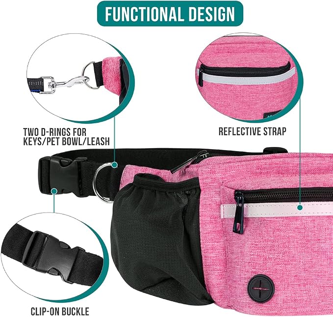 PetAmi Dog Fanny Pack, Treat Pouch for Dog Walking Training, Pink | Built in Poop Bag Dispenser, Water Bottle Holder, Collapsible Bowl, Pet Treat Waist Belt for Hiking Running Kibbles