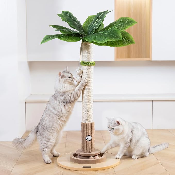 WOOCHPET Cat Scratching Post for Indoor Cats 35" Tall, Sisal Cat Scratcher with Mouse Toy and Track Balls, Wooden Base (Beige)