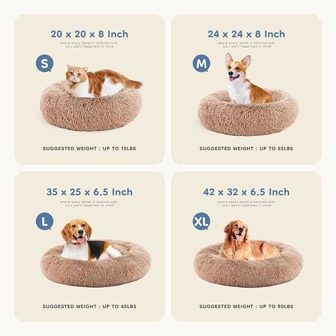 DUMOS Donut Dog Beds for Large Dogs, 37.4x37.4 in Machine Washable Cuddler Warming Cozy Fluffy Faux Fur Plush Round Pet Bed, Anti-Slip Bed for Indoor Dogs and Cats, Brown