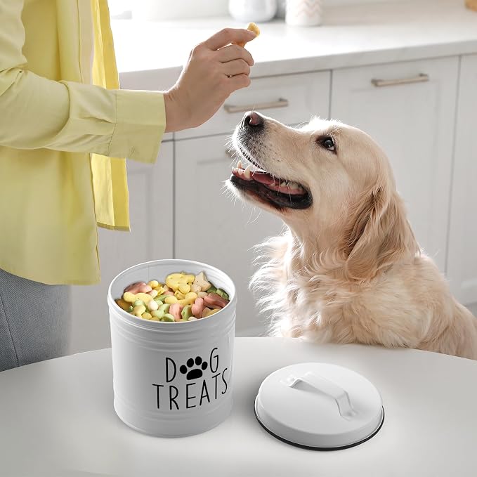 Large Dog Treat Container Airtight - 6.6" Tall X 6" Round White Dog Treat Jar for Kitchen Counter - Rustic Treat Storage Canister for Dogs, Cats, Small Animals - Gifts for Pet Owners