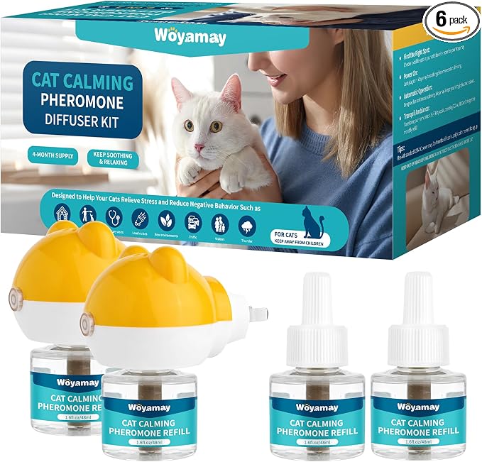 Woyamay Cat Calming Diffuser, Cat Pheromones Calming Diffuser, 6PCS | Cat Pheromone Diffuser Kit with 2 Diffuser + 4 Refill 48ml Vial - 120 Days Pheromone Diffuser to Calm Cats