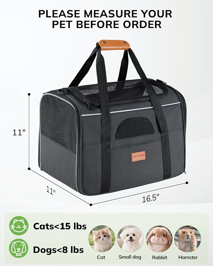 Morpilot Airline Approved Cat Carrier, 16.5" x11" x11" Soft-Sided Pet Travel Carrie with 4-Sided Mesh Ventilation for Cats & Puppies up to 15lbs (Dark Gray)