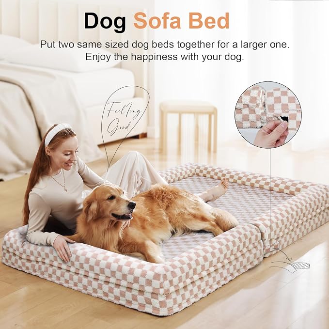 NANUYA Orthopedic Dog Bed for Large Dogs, 36 x 27 Inch, Pink Grid | Egg crate foam for joint support, 3-sided bolster pet sofa, waterproof lining, washable cover, and non-skid base