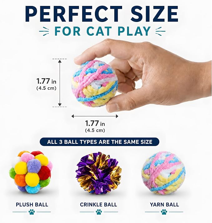 12 Pack 1.7 Inch Cat Toy Balls, Assorted Wool Yarn, Bell & Crinkle Balls for Indoor Cats & Kittens, Interactive Colorful Set