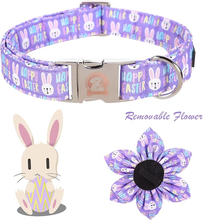 ·MR. CHUBBYFACE· Easter Dog Collar, Purple Rabbit Pet Collar with Flower, Adjustable Puppy Collar Bowtie for Small Medium Large Dogs