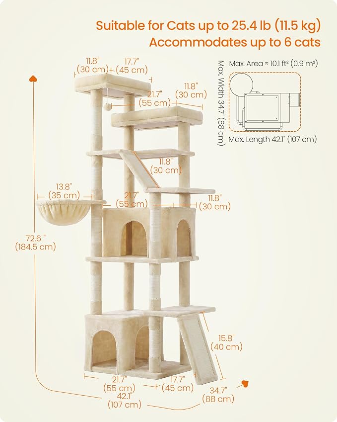 Feandrea 72.6-Inch Tall Cat Tree Tower for Indoor Extra Large Cats, Scratching Posts, Scratching Boards, Multi-Level Design, Beige UPCT014Y101S