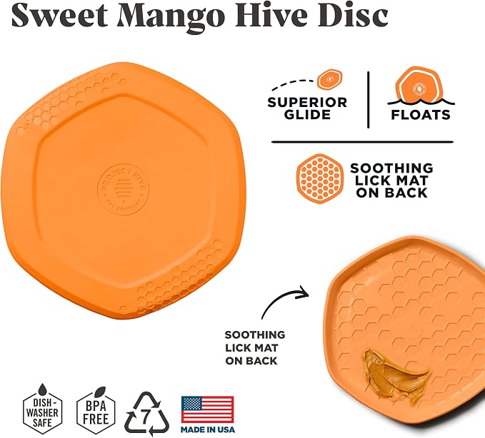 PROJECT HIVE ·PET COMPANY· Dog disc - Great for Fetch - Includes a Lick mat on Back - Floats in Water, Smooth Glide - Made in The USA (Sweet Mango)