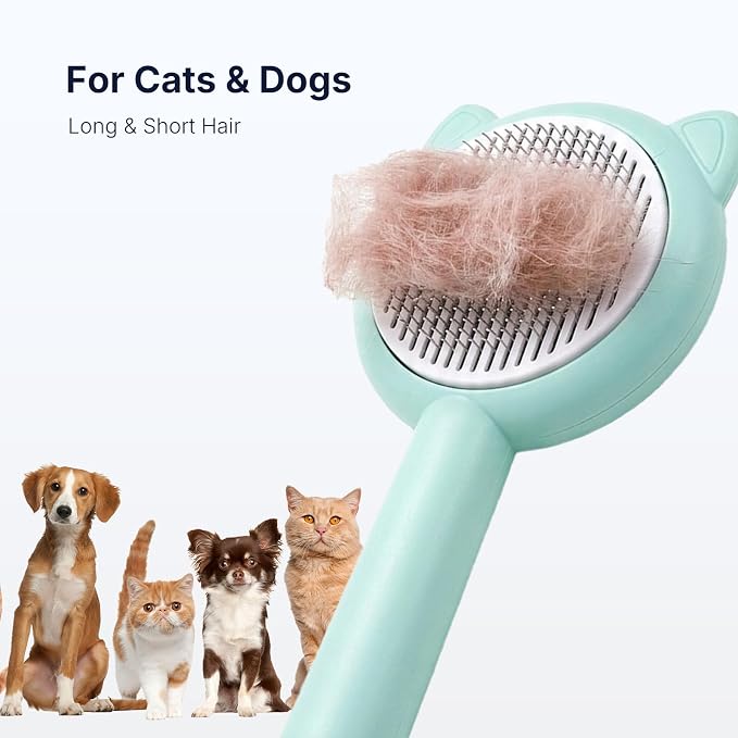 Cat Deshedding Brush, Self Cleaning Slicker Brush for Cats Dogs, Pet Grooming Tool for Shedding Hair Removal, Undercoat & Long Short Hair (Green)