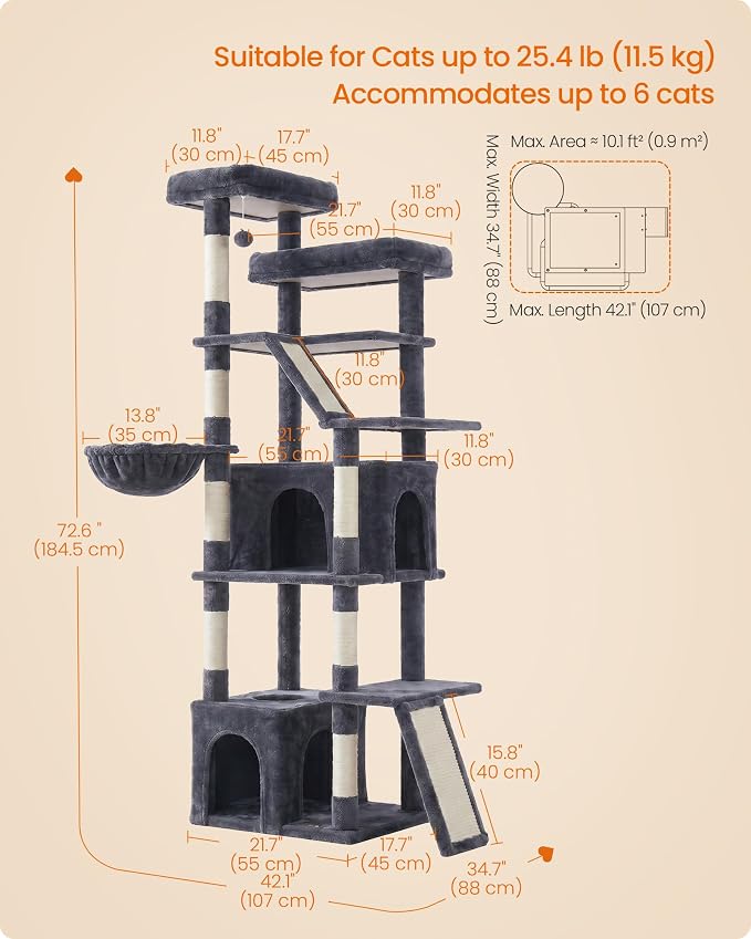 Feandrea 72.6-Inch Tall Cat Tree Tower for Indoor Extra Large Cats, Scratching Posts, Scratching Boards, Multi-Level Design, Dark Gray UPCT014G201S