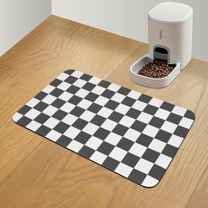 CooRug Checkered Dog Food Mat, Pet Feeding Mat 20" L x 12" W, Black | Absorbent, Leak-Proof, Anti-slip, Quick Dry, Eco-friendly Materials, Easy to clean and store, For Messy Drinkers