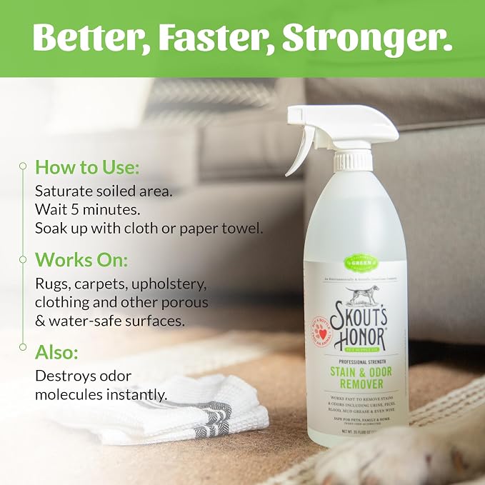 SKOUT'S HONOR Pet Stain and Odor Remover, 35 oz | Professional-Strength Home and Carpet Cleaner for Dog Urine, Poop, Mud, Sweat and Pet Messes, Plant-Powered BioKore Formula