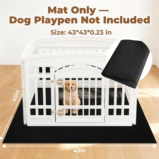 Dog Crate Mat, 43 in X 43 in Dog Playpen Mat Kennel Mat | Waterproof Non-Slip Reusable Washable Floor Protector Extra Large cages Puppy Pee Pad for Under Dogs Crate Black