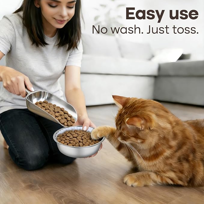 Bulk Disposable Cat Bowls Set (600 Pcs Cat Food Bowl Liners + 4 Pcs Stainless Steel Pet Bowls) Small Paper Bowls for Puppies, Kittens, Small Dogs and Cats, Ideal for Dry and Wet Food (White, Classic)
