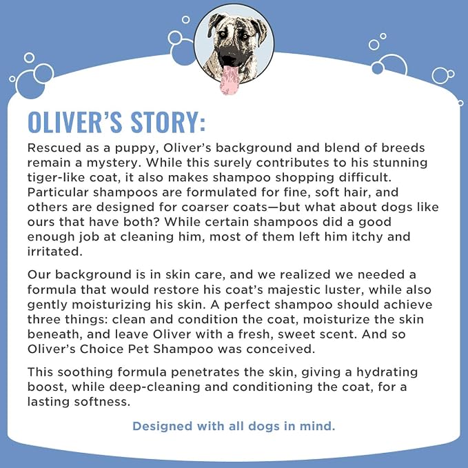 OLIVER'S CHOICE Dog Shampoo with Oatmeal, Aloe & Shea Butter – Deodorizing Puppy Shampoo for Smelly Dogs, Itchy Skin Relief, Paraben-Free, Biodegradable, Cruelty Free – 14 fl. oz | Sensitive skin care, Itch relief, Deodorizing, Aloe, Shea butter, Soft ...