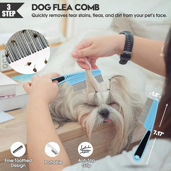 Bonteck Dog Slicker Brush for Dogs Grooming Kit 5PCS | Large Dog Brush for Goldendoodles Poodles Doodles | Long Pin Haired Brush | Poodle Brushes and Comb (Blue)