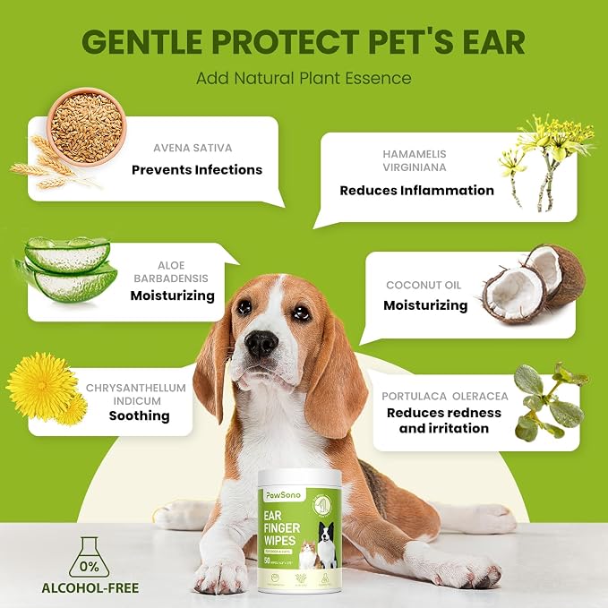 PawSono Dog Ear Wipes - 50 Count Dog Ear Cleaner Finger Wipes for Dogs & Cats, Pre-Moistened Ear Cleaning Wipes for Puppies, Kittens & Small Animals, Thick Pet Ear Wipes to Remove Wax, Dirt & Debris
