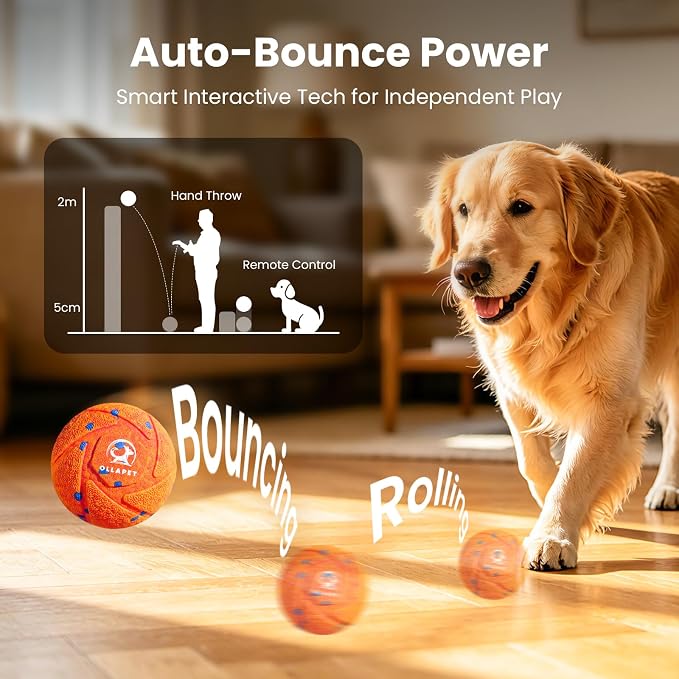 Smart Interactive Dog Toys - Auto Bouncing & Rolling Ball, 3 Interactive Modes, Chew-Resistant E-TPU Material, IPX7 Waterproof, Smart Chase Pet Toy Ball for Medium and Large Dogs - Orange