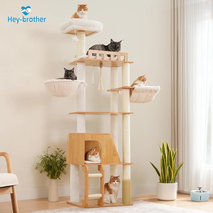 Hey-brother Wooden Cat Tree, Furniture Tower with Large Platforms, MPJ121WB | 69.7 inch, Modern Full Sisal Scratching Posts, Hammocks, Spacious Condo, Ladder, Brush, Water Proof Surface, Walnut