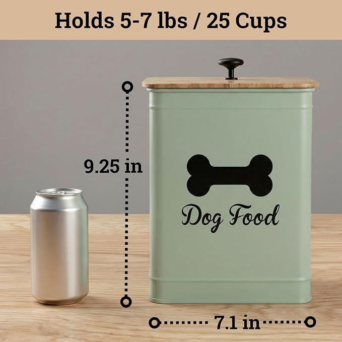 Dog Food Container Airtight Bamboo Lid 5-7 lb, 25 Cups, Sturdy Metal Handle | Pet Jar For Dogs up to 50lbs, Airtight Bamboo Lid, Sturdy Comfortable Metal Handle, Powder Coated Iron, Kibble Storage Bin