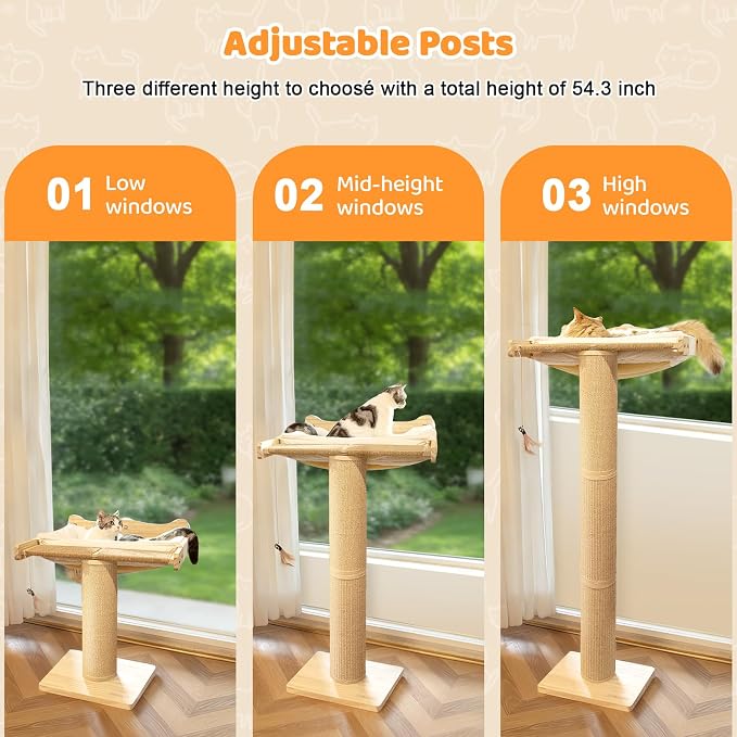 Cat Window Perch Hammock with 3-Piece Detachable Roman Column Sisal Scratching Posts, White Fluffy Cusion, Drill-Free Suction Cup Mount, Extra Large for Large Cats & Maine Coons, 60 LBS Capacity