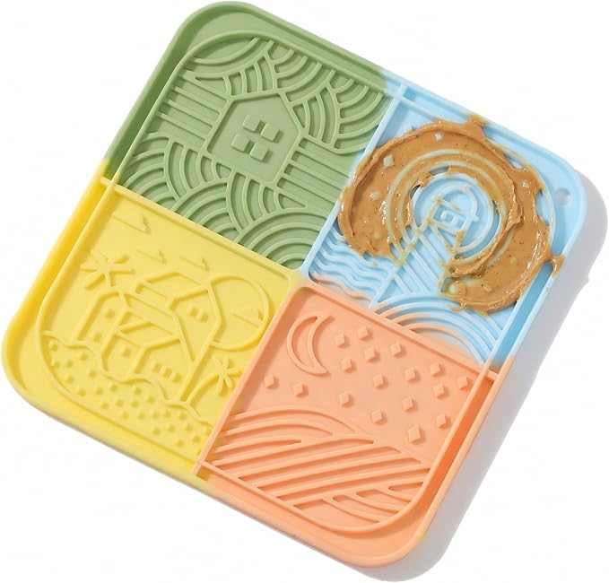 Dog Lick Mat with Suction Cups, 4-Texture Enrichment Slow Feeder for Dogs & Cats, Non-Slip Silicone Licking Pad for Anxiety Relief, Bathing & Training(Multicolor)