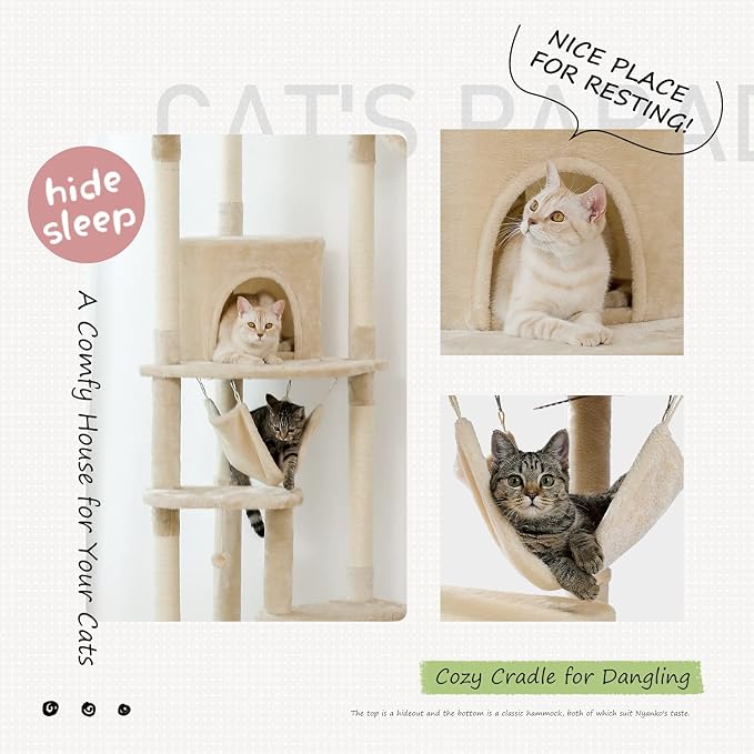 PEQULTI Floor to Ceiling Cat Tree, 92.9-101.6in Adjustable Cat Tower, Beige | Adjustable tower braces floor to ceiling; cozy condo, large hammock, perches & 9 sisal posts on fan base with anti-tip strap