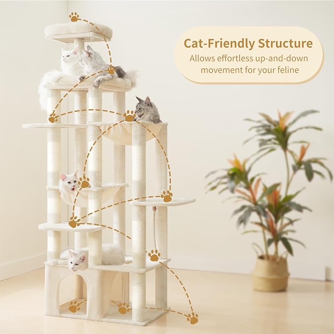 Heybly Cat Tree, 71-Inch Tall Cat Tower for Large Maine Coon Cats HCT03MG | Cat Condo Furniture with Extra-Large Baseboard, Multi-Level Platforms, 2 Hammocks and 12 Scratching Posts, Beige