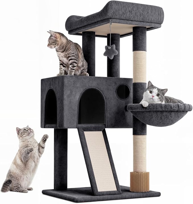 36-Inch Cat Tree Tower for Small and Medium Indoor Cats, Multi-Level Climbing Tower with Sisal Scratching Posts, Hammock, Cat Condo & Scratching Board, Smoky Gray