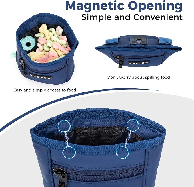 Dog Treat Pouch, Powerful Magnet Closure Device Dog Training Treat Bag Large Capacity Pet Treat Pouch with Poop Bag Dispenser Treat Bag for Dog Training with Metal Waistband Clip (Deep Blue)